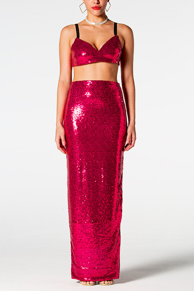 Pink Sequin Crop Top and Maxi Skirt Set