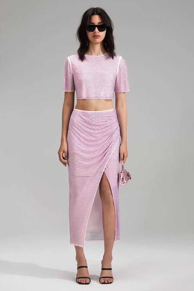 Pink Rhinestone Wrap Midi Skirt Set