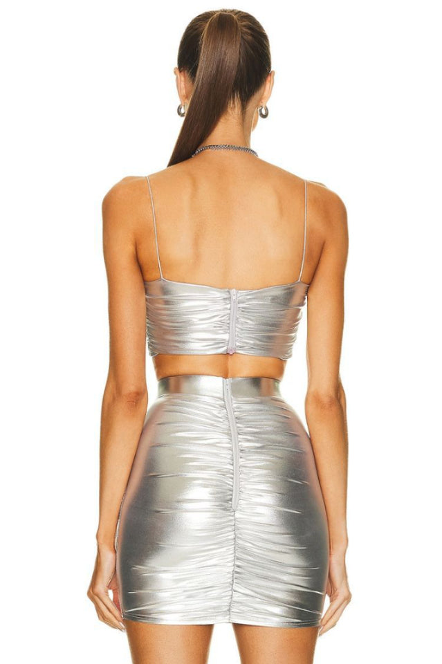 Ruched Metallic Bralette and Skirt Set