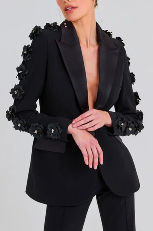 Flower Embellished Black Blazer with Satin Details