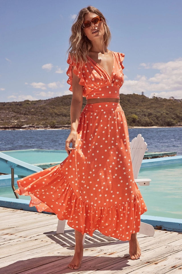 Polka Dot Ruffle Tank Top And Midi Skirt Set