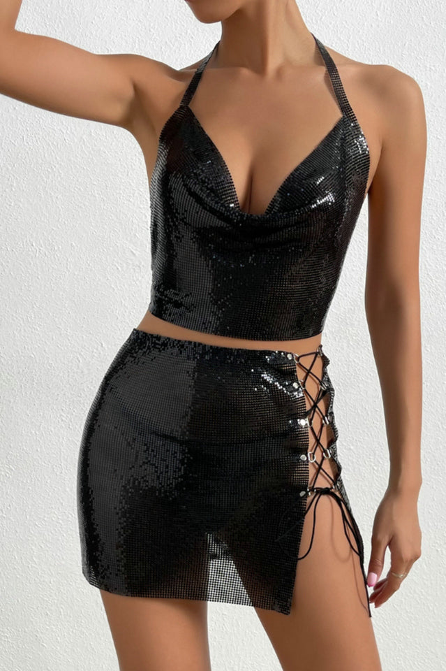 Sequin Tie Back Crop Top and Skirt Set