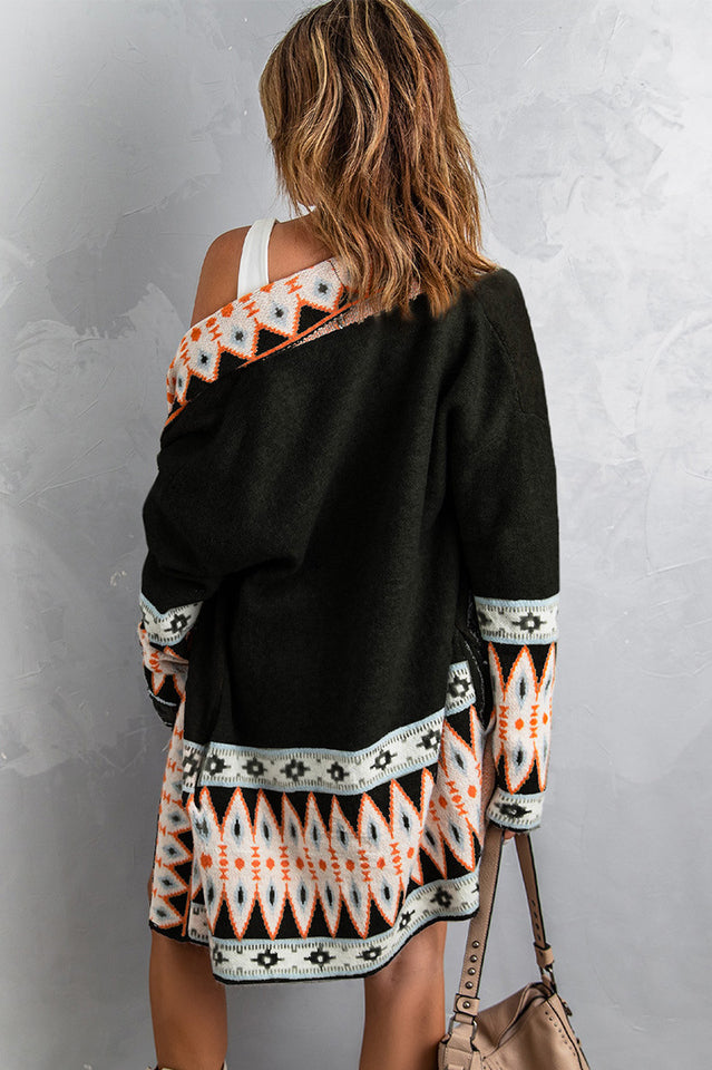 Geometric Open Front Long Sleeve Cardigan in Soft Knit