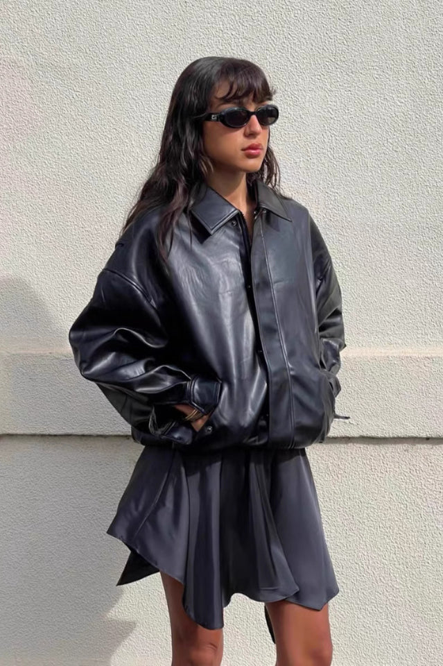 Oversized Vegan Leather Bomber Jacket