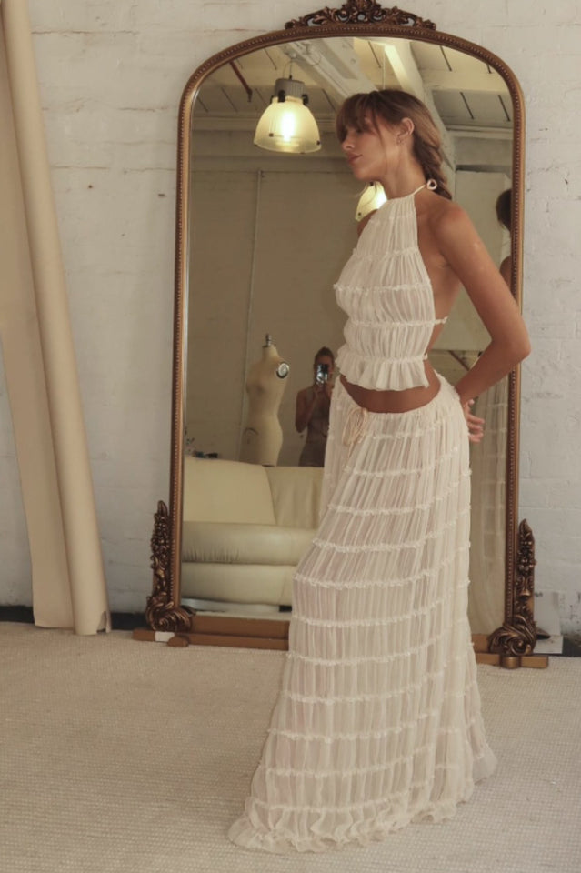 Ruffled Halter Top & Pleated Maxi Skirt Set