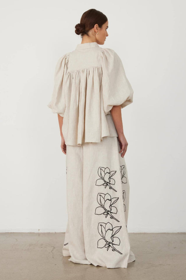 Lola Linen Embroidery Shirt And Wide-Leg Pants Set