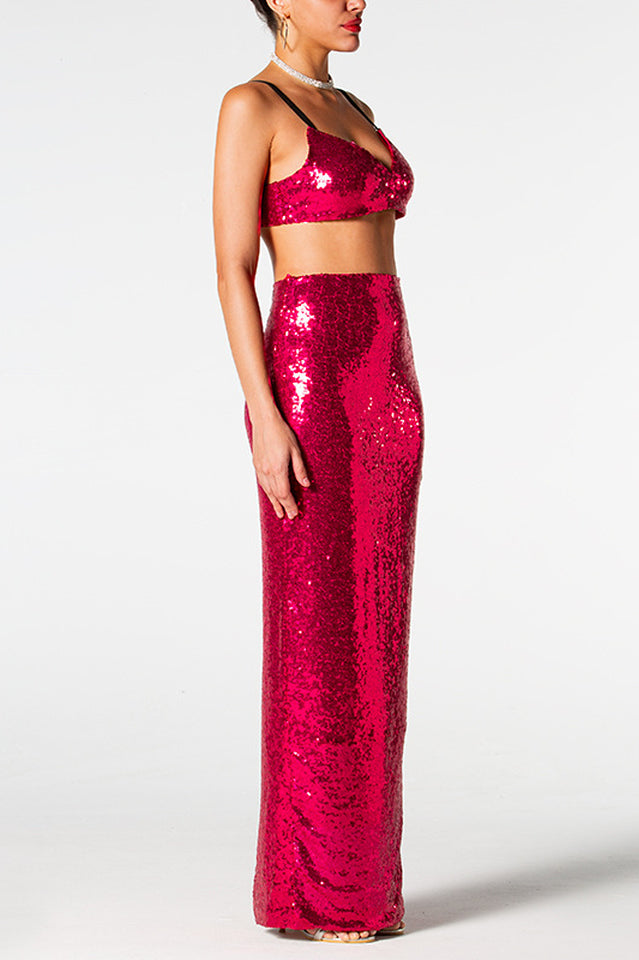 Pink Sequin Crop Top and Maxi Skirt Set