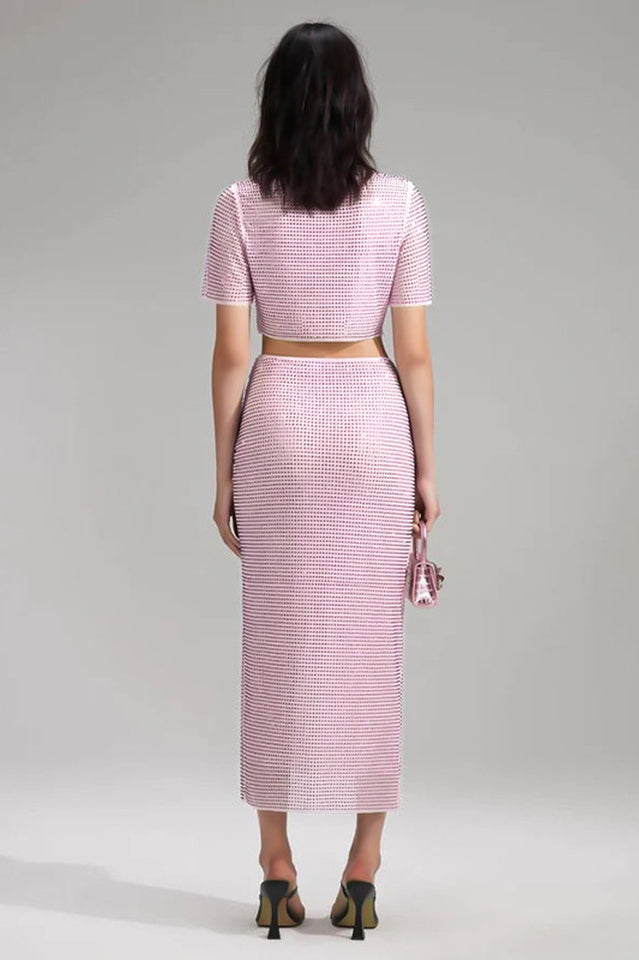 Pink Rhinestone Wrap Midi Skirt Set