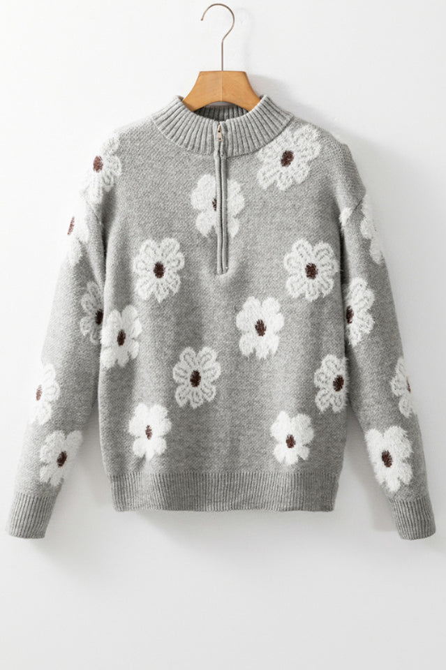 Floral Pattern Half Zip Relaxed Sweater