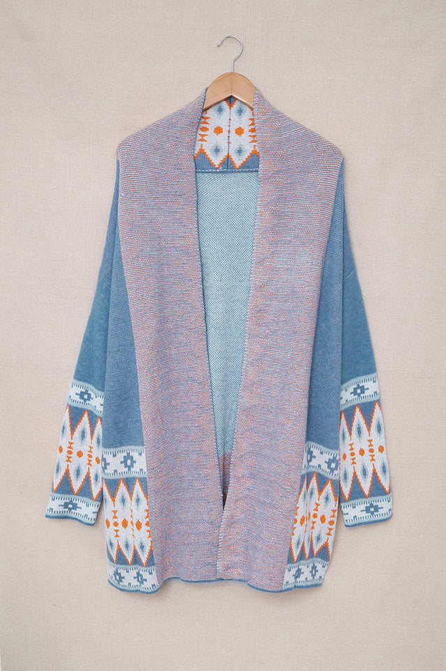 Geometric Open Front Long Sleeve Cardigan in Soft Knit