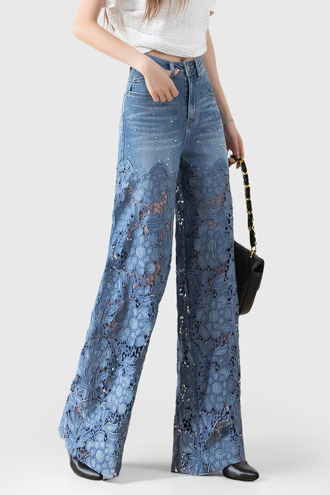 Lace Cut Out Patchwork Wide Leg Jeans