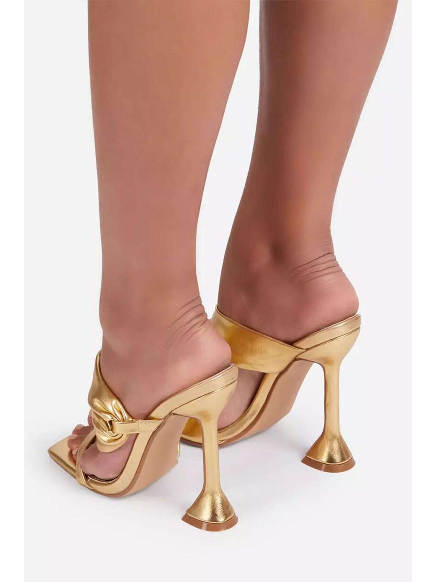 Metallic Ruched Square-Toe High Heels Sandals