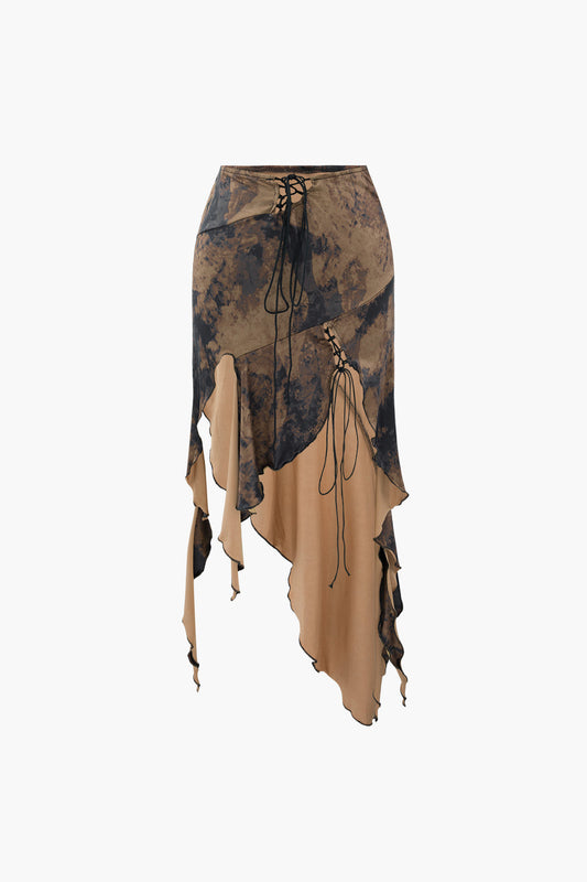 Tie Dye Asymmetric Ruffle Hem Skirt in Jersey Fabric