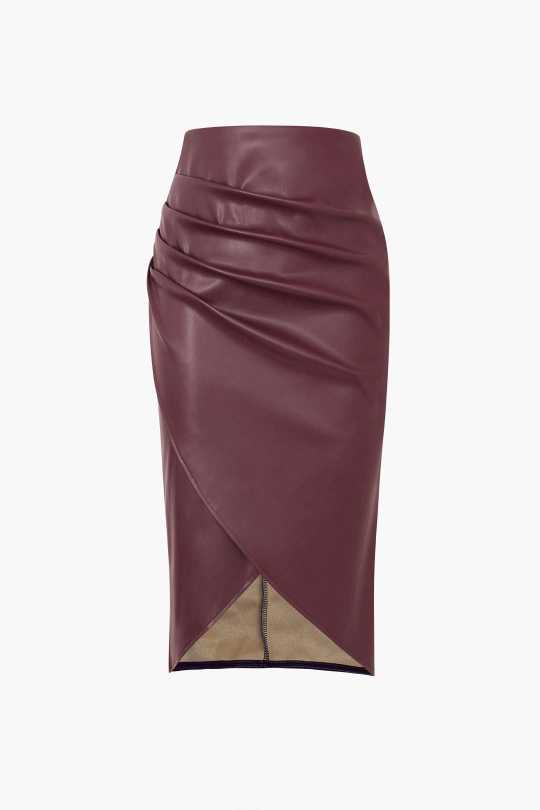 Faux Leather Wrap Ruched Midi Skirt for Chic Style