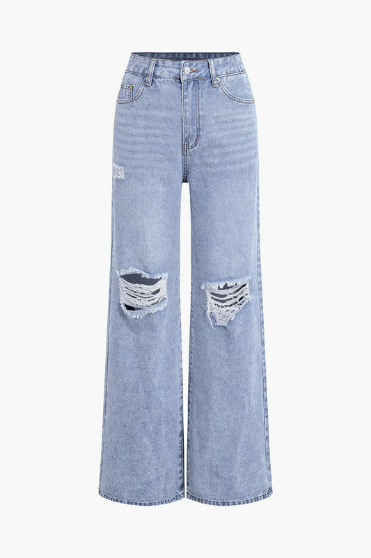 Solid Cut Out Ripped Denim Jeans