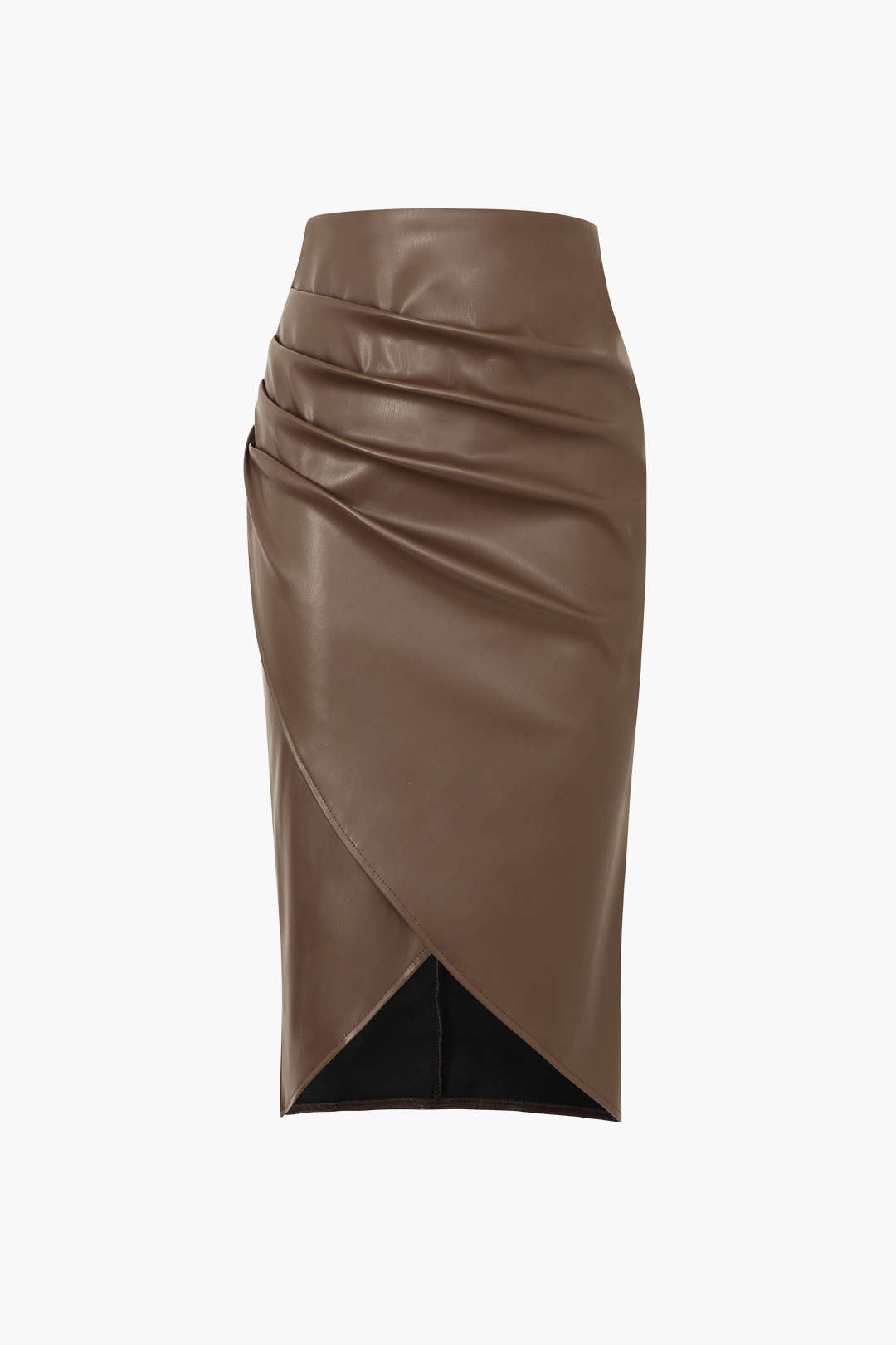 Faux Leather Wrap Ruched Midi Skirt for Chic Style