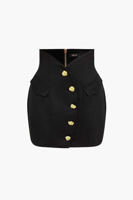 Fitted Solid Button Mini Skirt in Twill Fabric