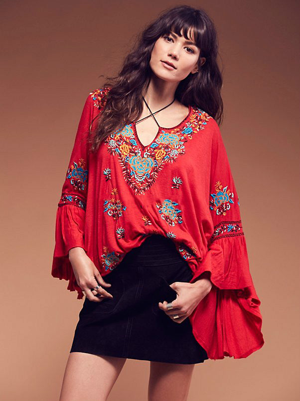 Embroidered Cotton Blouse with V-Neckline