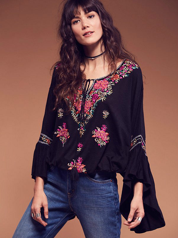 Embroidered Cotton Blouse with V-Neckline