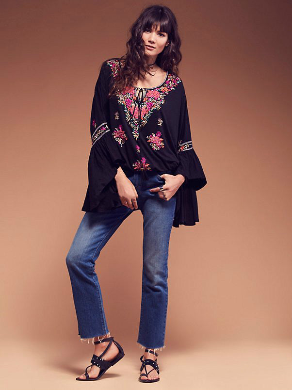 Embroidered Cotton Blouse with V-Neckline