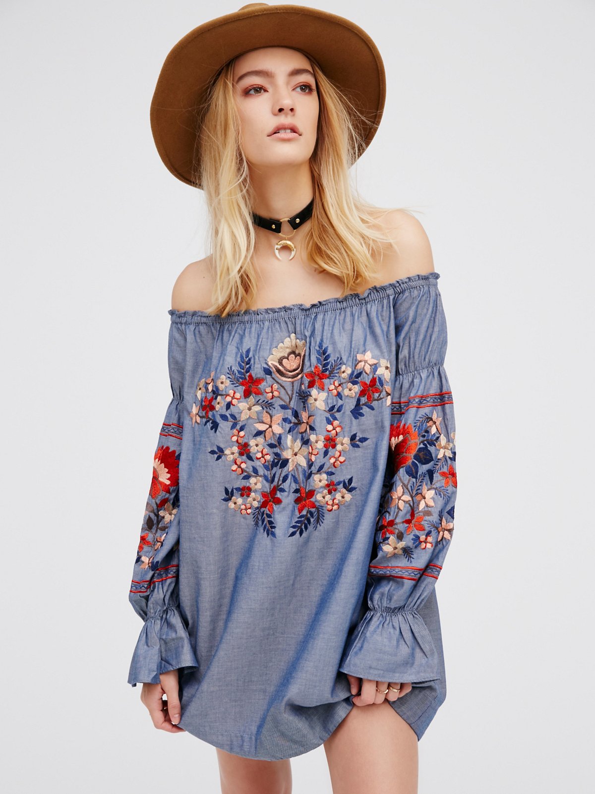 Embroidered Off Shoulder Denim Dress