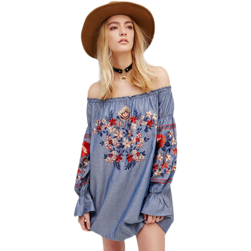 Embroidered Off Shoulder Denim Dress