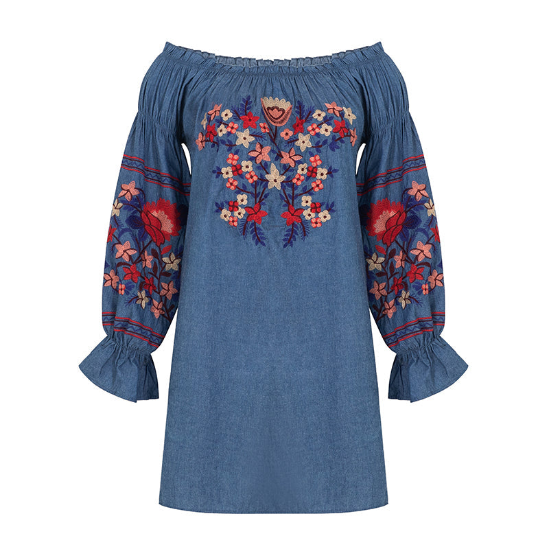 Embroidered Off Shoulder Denim Dress