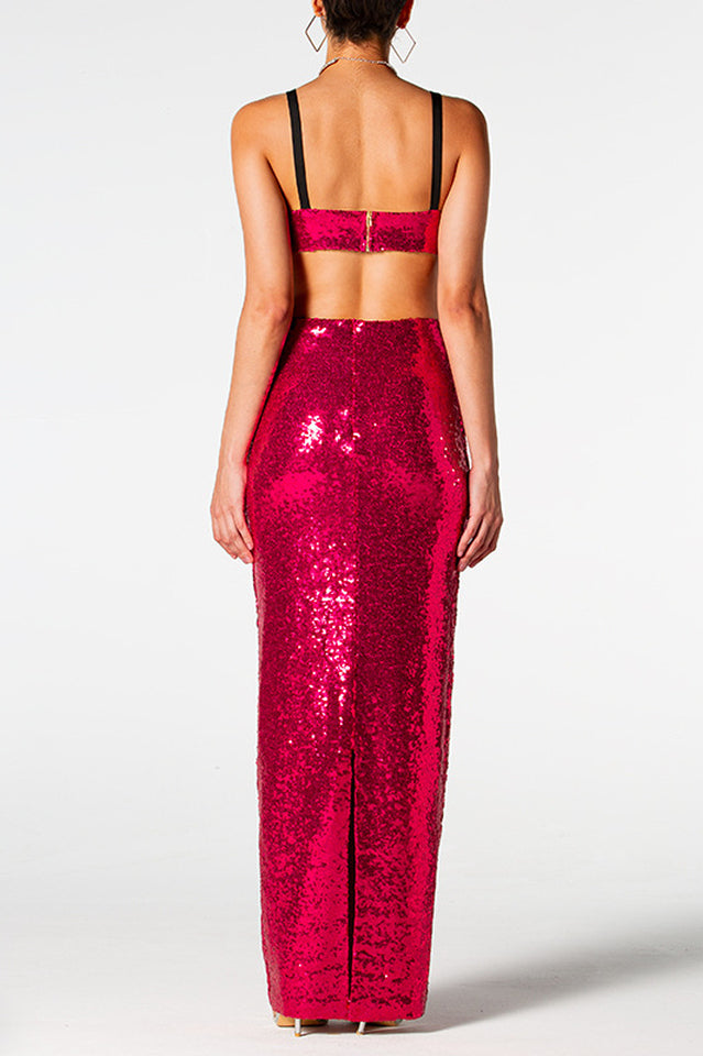 Pink Sequin Crop Top and Maxi Skirt Set