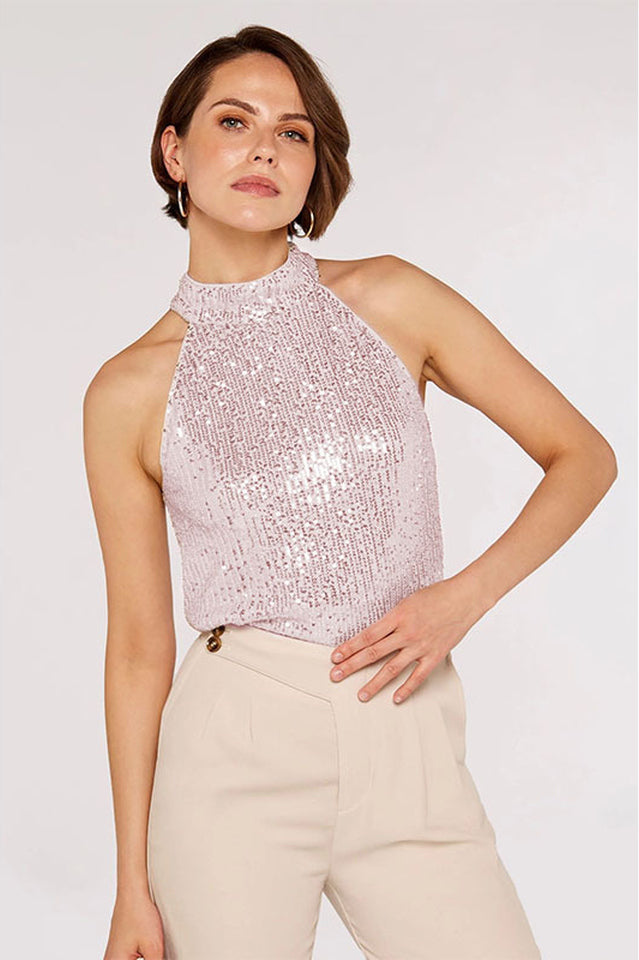 Apricot Sequin Halter Neck Top - Statement Shine Top