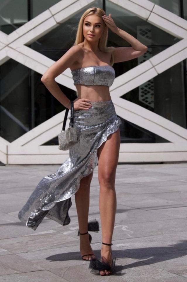 Sequined Bandeau Two Piece Suit in Silver