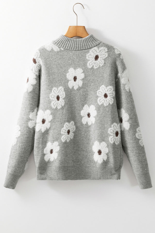 Floral Pattern Half Zip Relaxed Sweater