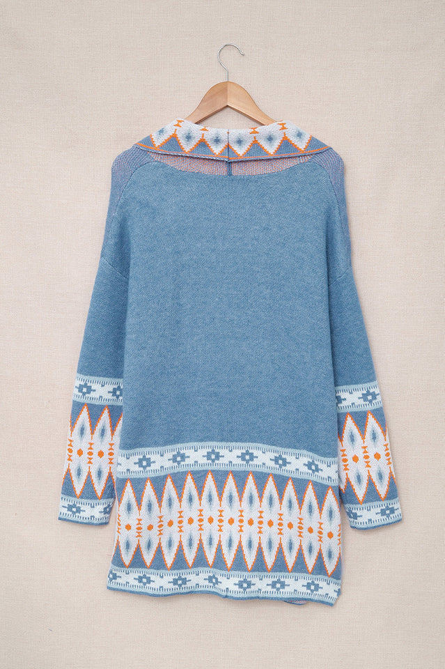 Geometric Open Front Long Sleeve Cardigan in Soft Knit