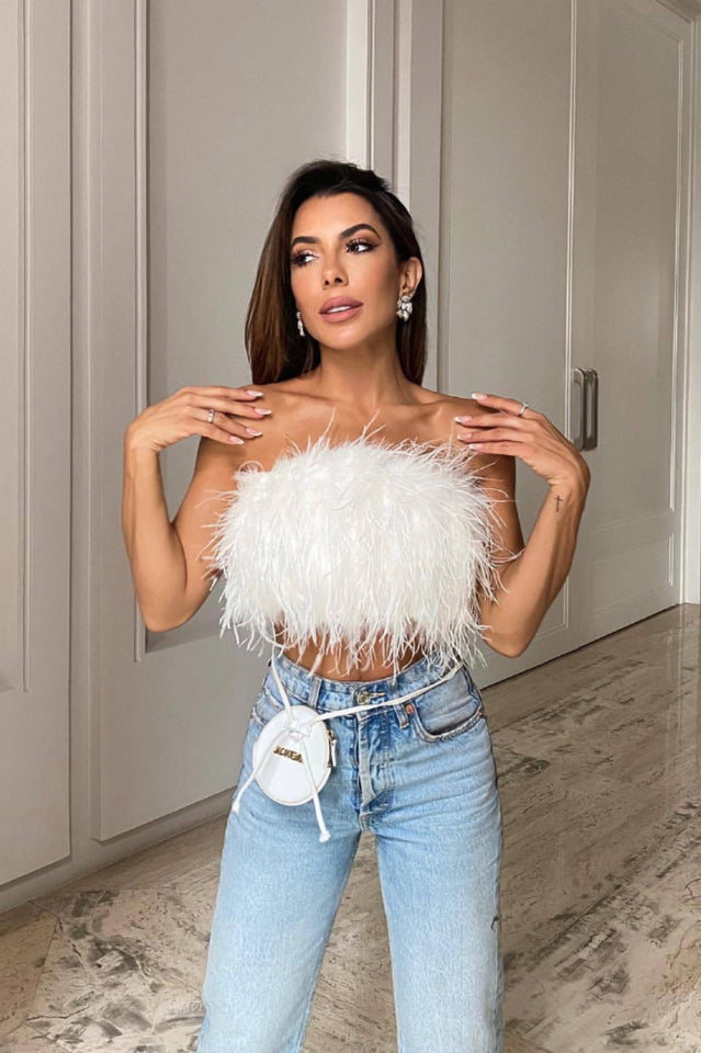 Fancy Strapless Feather Detail Crop Top