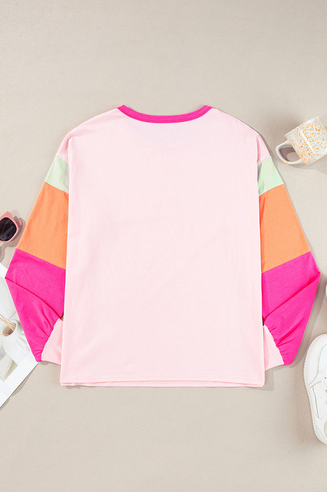 Colorblock Patchwork Long Sleeve Loose Top for Comfort