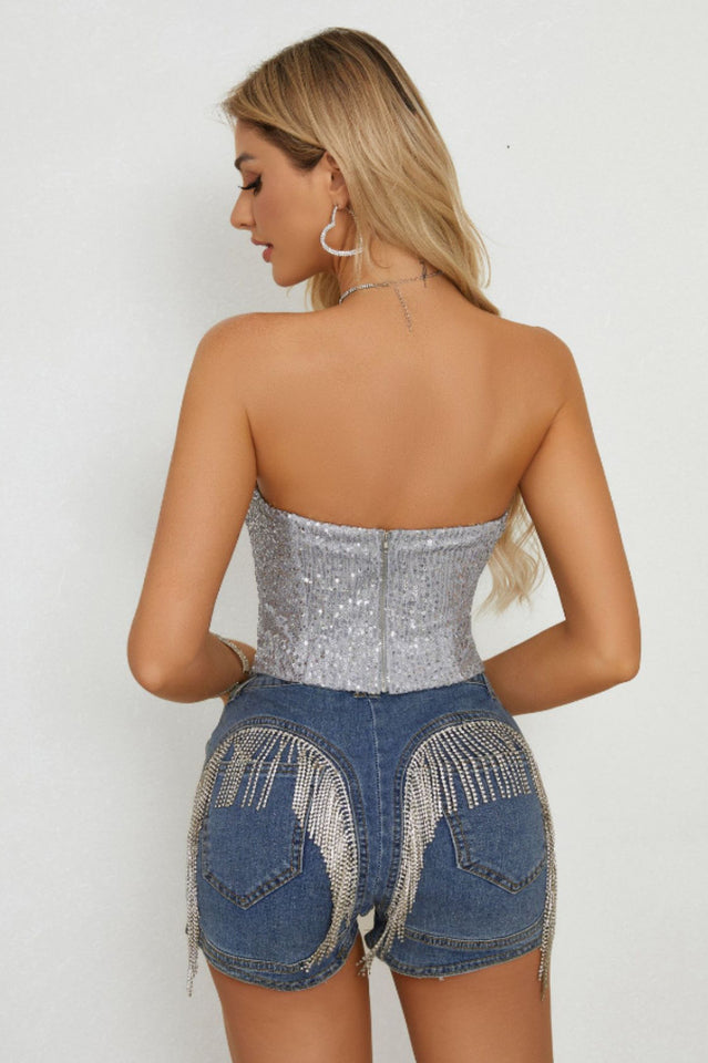 Light Beige Sequin Strapless Bustier Top