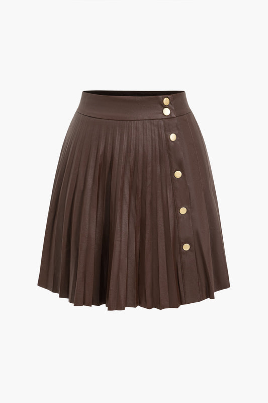 Faux Leather Button Pleated Skirt for Casual Style