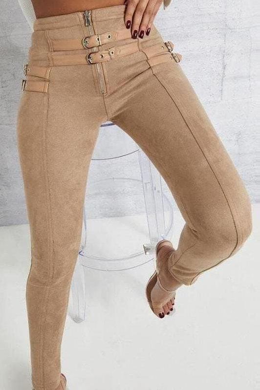 Belt Decorated Khaki Pants for Stylish Comfort