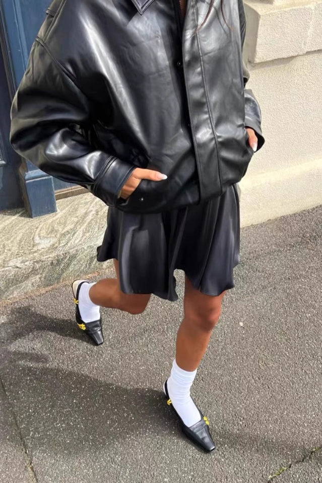 Oversized Vegan Leather Bomber Jacket