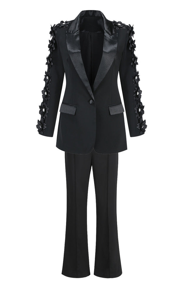 Flower Embellished Black Blazer with Satin Details