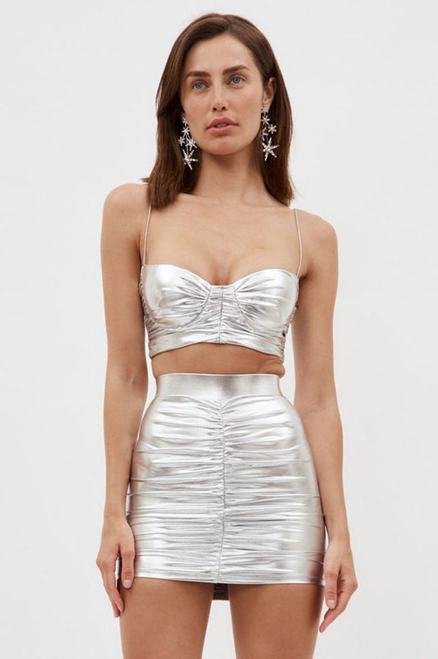 Ruched Metallic Bralette and Skirt Set