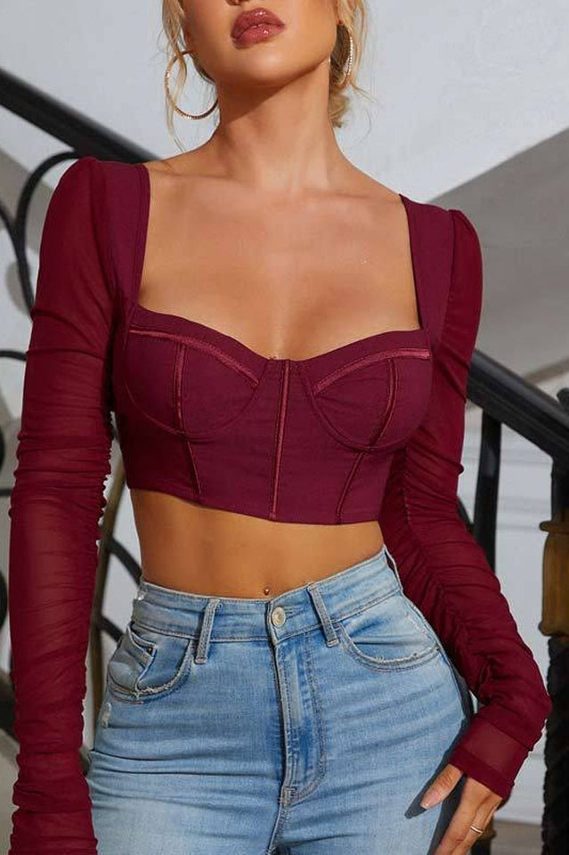 Long-Sleeve Bustier Crop Top in Various Colors