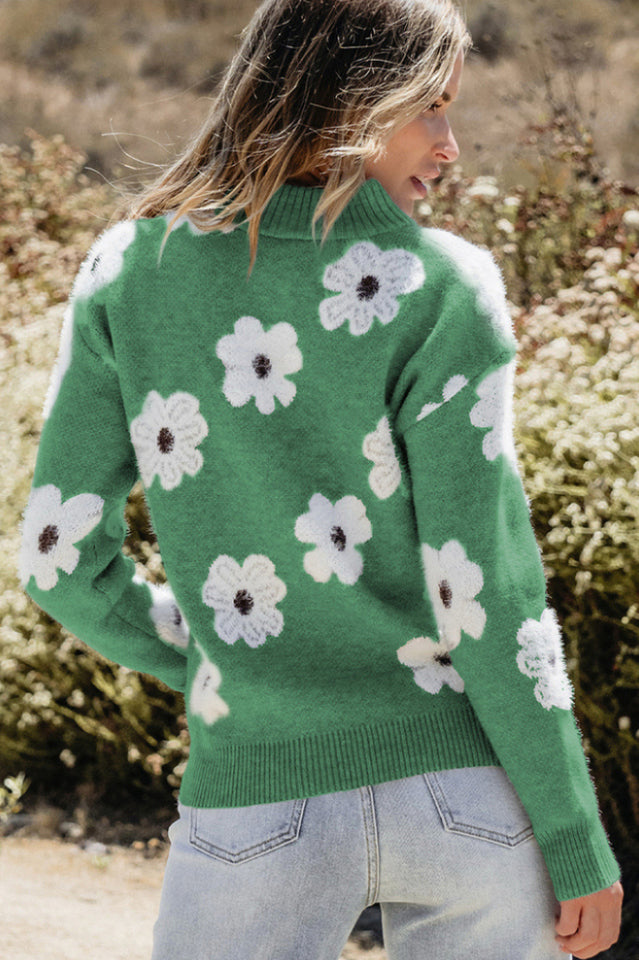 Floral Pattern Half Zip Relaxed Sweater