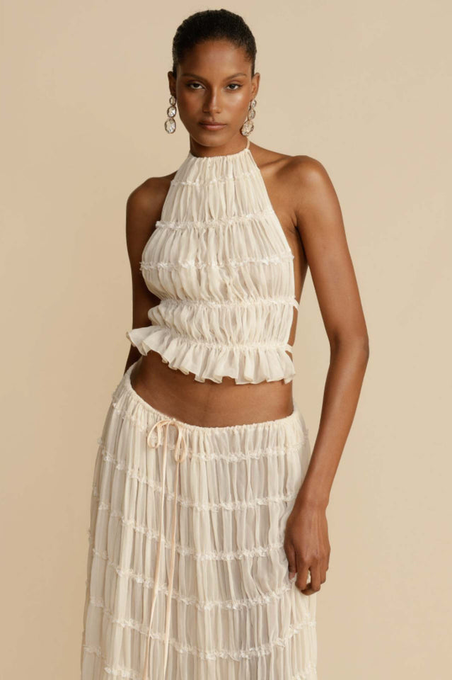 Ruffled Halter Top & Pleated Maxi Skirt Set