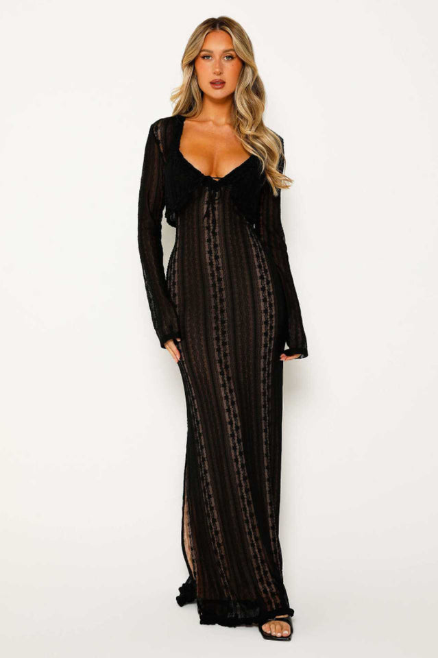 Lace V Neck Slit Two-Piece Maxi Dress