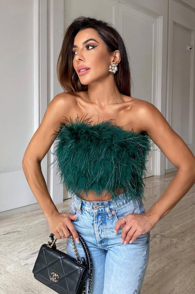 Fancy Strapless Feather Detail Crop Top