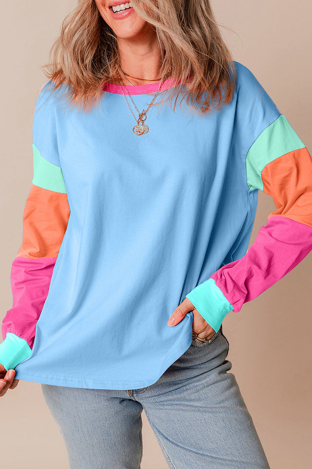 Colorblock Patchwork Long Sleeve Loose Top for Comfort