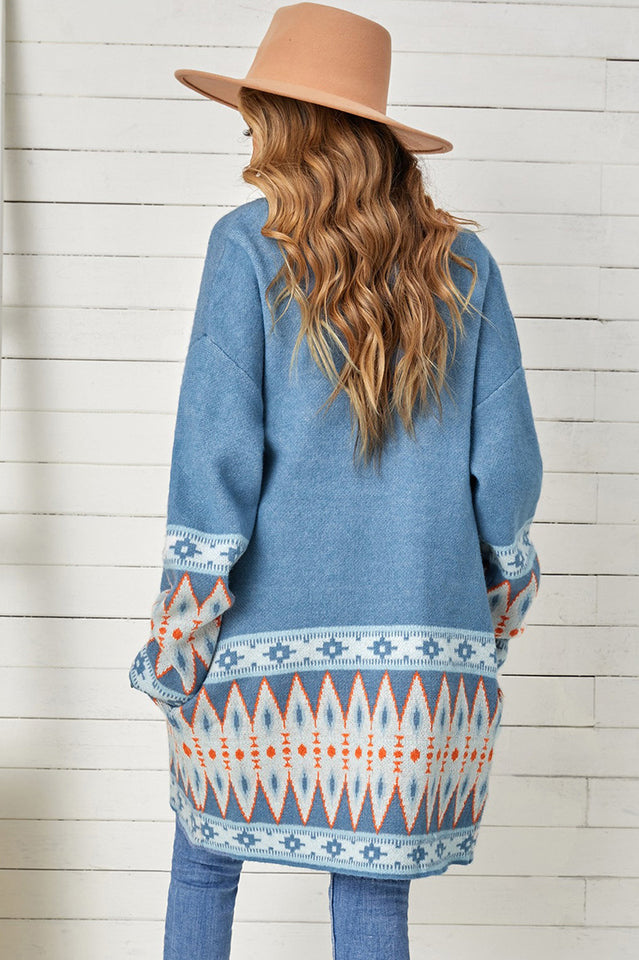 Geometric Open Front Long Sleeve Cardigan in Soft Knit