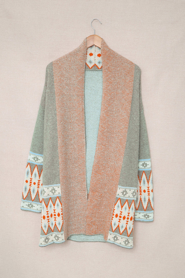 Geometric Open Front Long Sleeve Cardigan in Soft Knit