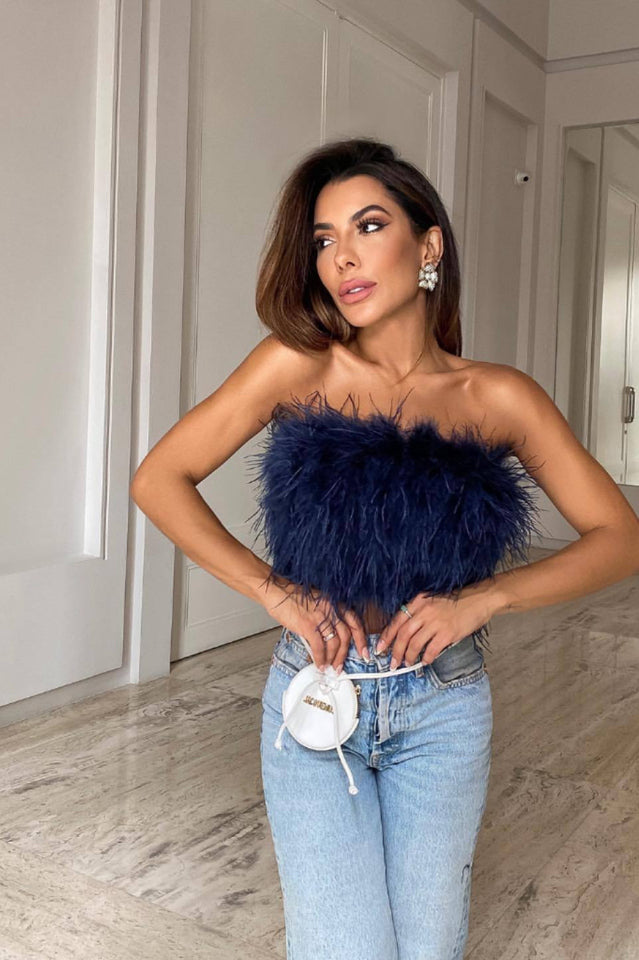 Fancy Strapless Feather Detail Crop Top