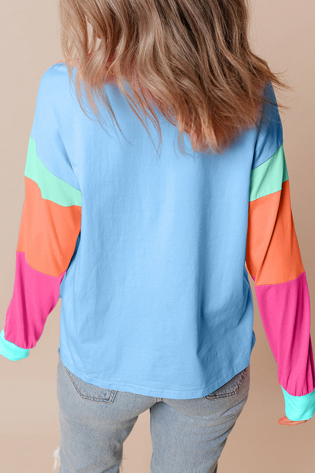 Colorblock Patchwork Long Sleeve Loose Top for Comfort